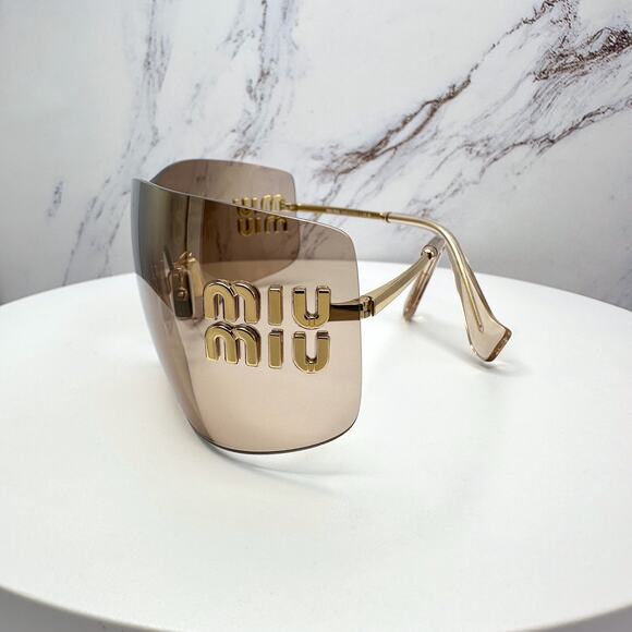 New MIU MIU Aube Sunglasses Gold Light Brown Mirror Bronze Rimless Wrap Womens